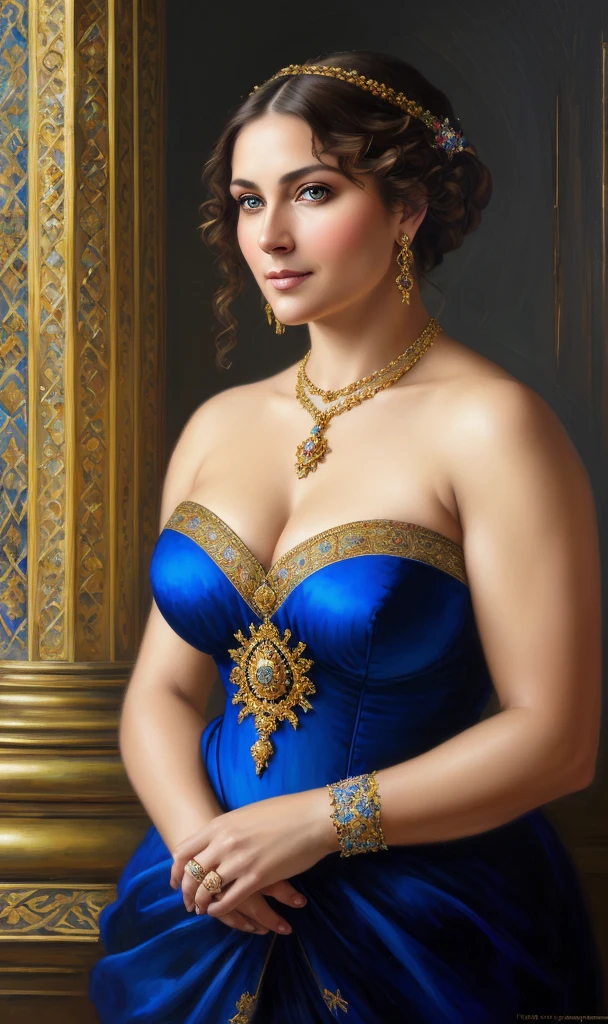 portrait, extremely gorgeous, 45 years old Woman, middle ages, thick figure, classicism, andrey atroshenko style, painting, pierced eyes, beautifully styled hair, traditional media, realistic, figurative, fine art, oil on canvas, HDR, 8K, original character, high resolution, vivid colours, high detail, focus on the face, beautiful eyes