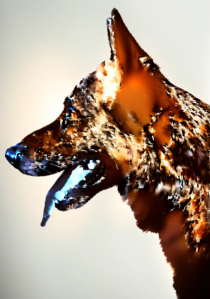 A glass sculpture of a handsome German shepherd, Canine, made from shiny transparent glass, is a masterpiece.