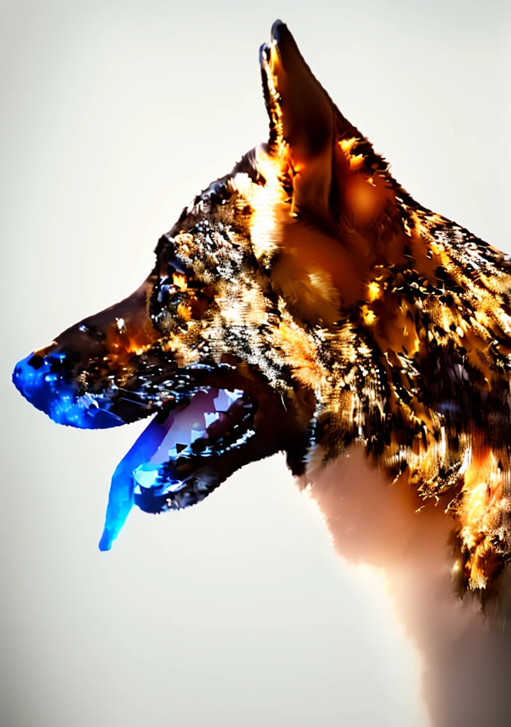 A glass sculpture of a handsome German shepherd, Canine, made from shiny transparent glass, is a masterpiece.