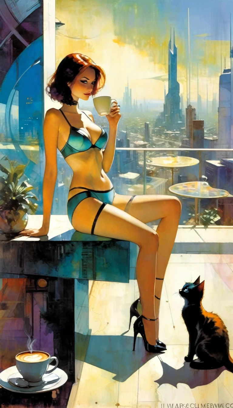 sexy girl in lingerie and her pet cat, alone, having a coffee, enjoying the views from a large terrace, views of a futuristic city:1.5. (art inspired in Bill Sienkiewicz). oil painting) (best quality,4k,8k,highres,masterpiece:1.2),ultra-detailed,(realistic,photorealistic,photo-realistic:1.37),intricate details,vivid colors,sharp focus,professional,