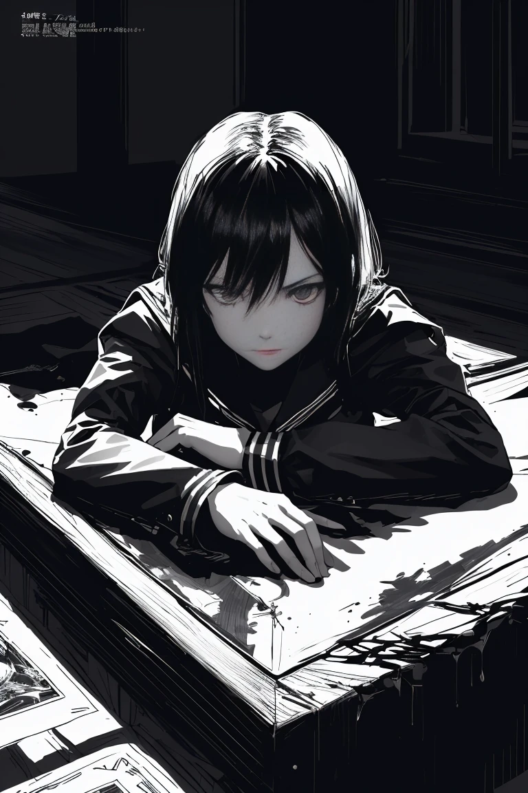 style v5lcn,ink art,(Best quality,table:1.2),(black and white comic core:1.1),(extremely high contrast),Dark ink,1 girl in,Dark-haired,Shadow on the face、8 k,Permission,high school student,sailor uniform,