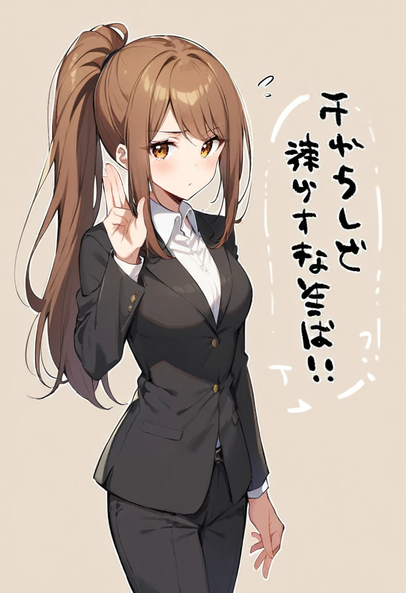 1 Girl, suit, office lady, Black trousers, Black blazer, Brown Hair, Long Hair, teenager, ponytail, Cover your nose with your hand