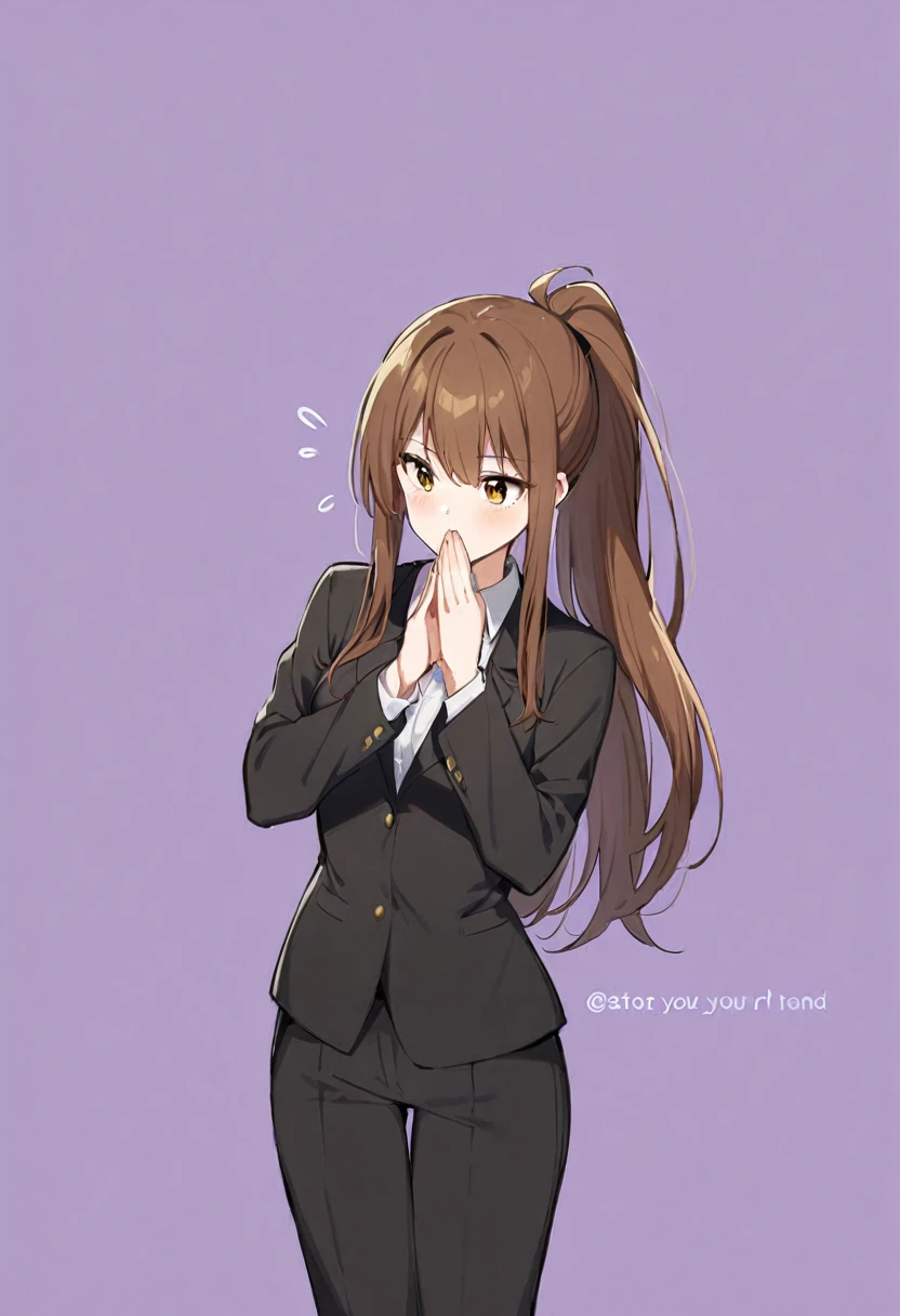 1 Girl, suit, office lady, Black trousers, Black blazer, Brown Hair, Long Hair, teenager, ponytail, Cover your nose with your hand