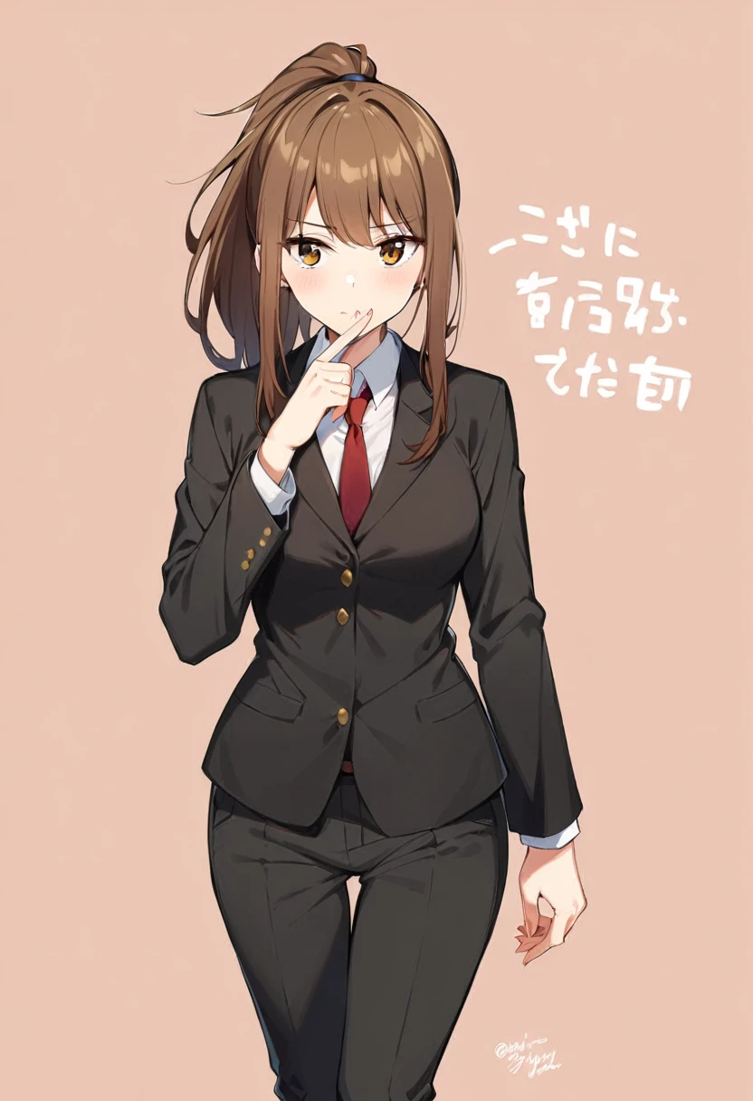 1 Girl, suit, office lady, Black trousers, Black blazer, Brown Hair, Long Hair, teenager, ponytail, Cover your nose with your hand