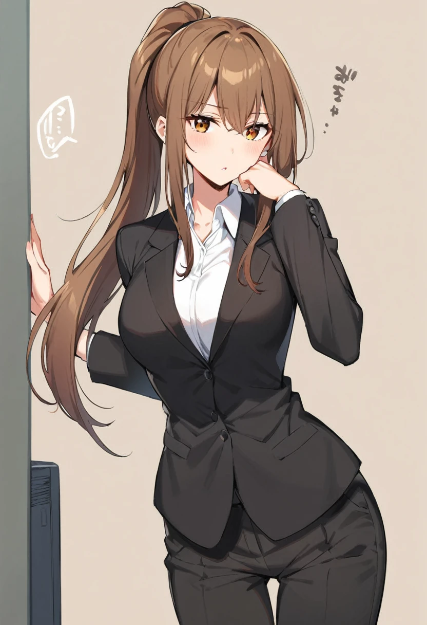 1 Girl, suit, office lady, Black trousers, Black blazer, Brown Hair, Long Hair, teenager, ponytail, Cover your nose with your hand