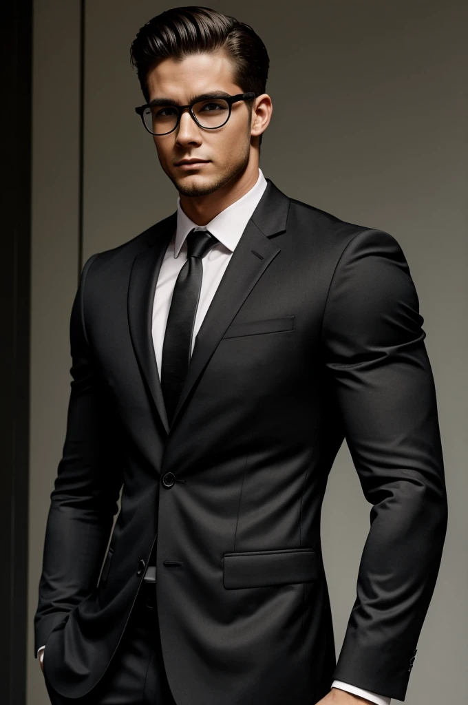 muscular boy, tall with black suit and glasses