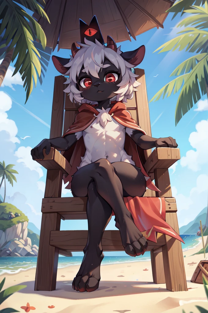 Furry shota, Lamb, "Cult of the lamb", red eyes, clear black body fur, black nose, small horns, white hair, spiky hairstyle, short hair, full body, detailed body fur, detailed body, detailed eyes, glistering body, shiny body, gorgeous body, masterpiece, feets whit three toes, ((crown, red cloak)), sit on beach chair, beach, clear sky, feet focus, low angle,