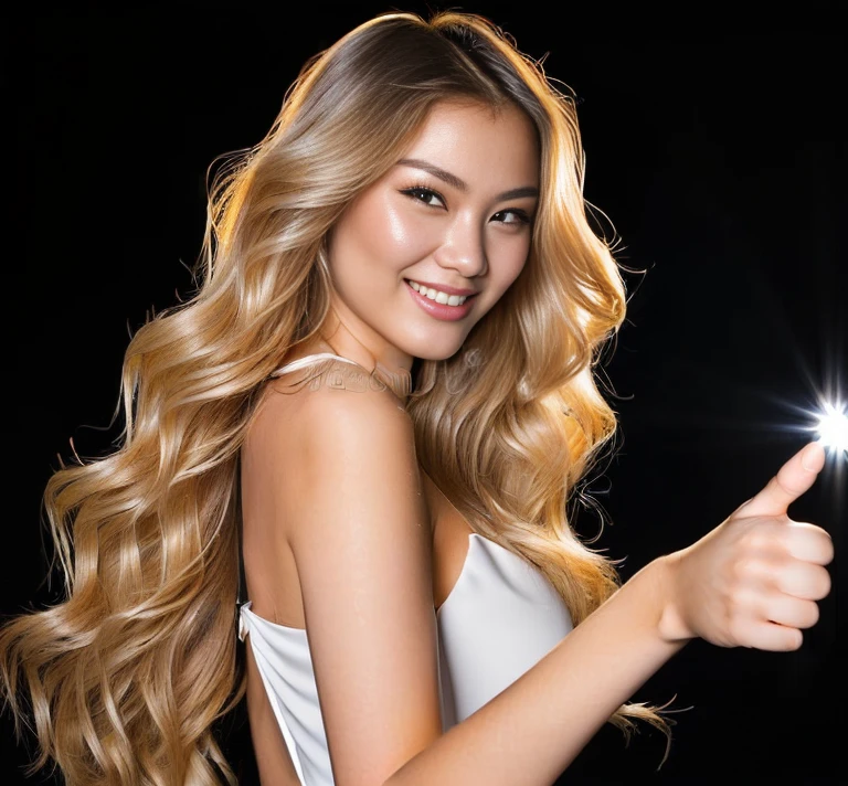 A beautiful sexy Kazakh girl 25 years old looks at the camera with a large bust in full growth, (((full length))) smiling happily, with long wavy blond hair in full length in sexy minimalist dress, posing for the camera, looks at the camera, one hand raised and ((((pointing upward with the index finger)))), in stock photography style, studio light, on a black background, (((((backlight))))), contrast light, mystical lighting, (((shadow areas)))