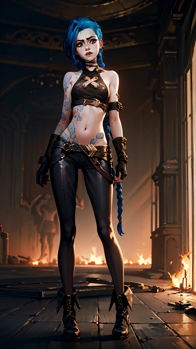 (masterpiece, Best quality), 1 girl, portrait, very sexy, crazy look, smile, crying, pink tears, tears on the cheeks, tears from eyes, full length (full body 1.1.), очень feminine, fighting stance, battle, fire, explosions, burning city, beautiful waist, gloomy composition, flame, fire, Flash, very beautiful, feminine, long hair, hair braided in long braids, very sexy, tight leather pants, emphasis on the eyes, face accent, Beautiful face, Hands, Hair, Haired ponytail, red purple eyes, Джинкс crying, Blue cloud tattoo, (masterpiece, Best quality), Side lighting, beautiful detailed eyes, crazy face), (Best quality), (masterpiece), magic photography, Spectacular lighting, Photorealism, ultra detailed, интимная portraitная композиция, 1. 4,8 k UHD, aesthetic, Cd., A high resolution, 8 k, better lighting, Best shade, Ultra-HD, A high resolution, sharp focus, Complex background, Cinematic lighting, ((Landscape view)), 4K block, (better lighting), ((Cinematic lighting)),