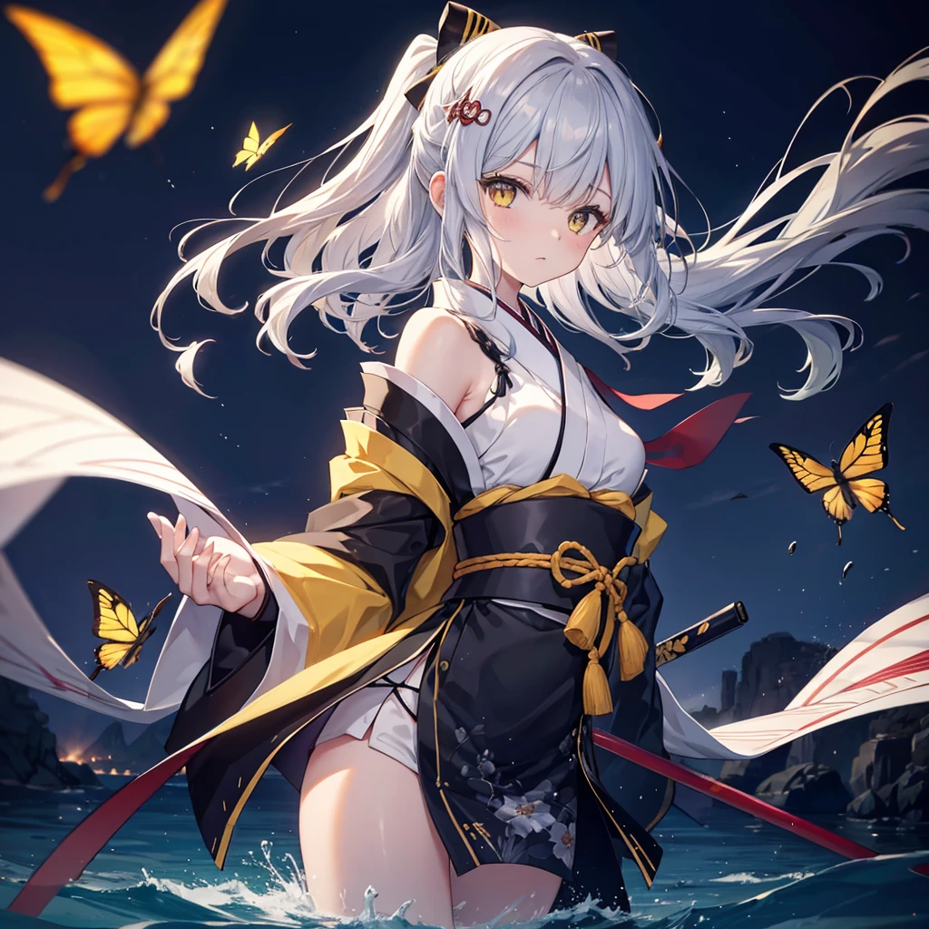 (((1 person))) ((High resolution Gray Hair Long Hair Yellow Eyes Black kimono Shoulder knifeを構える)) ((Black Belt Yellow butterfly night Japanese style Shining Aura shrine torii water surface)) (dance 日本knife knife Slashing) moonlight star Draw your sword Shining Background Shining Edge