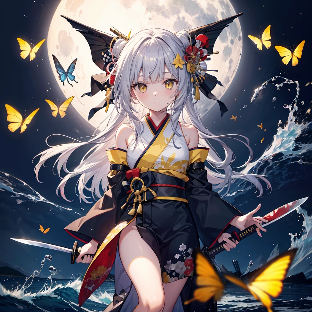 (((1 person))) ((High resolution Gray Hair Long Hair Yellow Eyes Black kimono Shoulder knifeを構える)) ((Black Belt Yellow butterfly night Japanese style Shining Aura shrine torii water surface)) (dance 日本knife knife Slashing) moonlight star Draw your sword Shining Background Shining Edge
