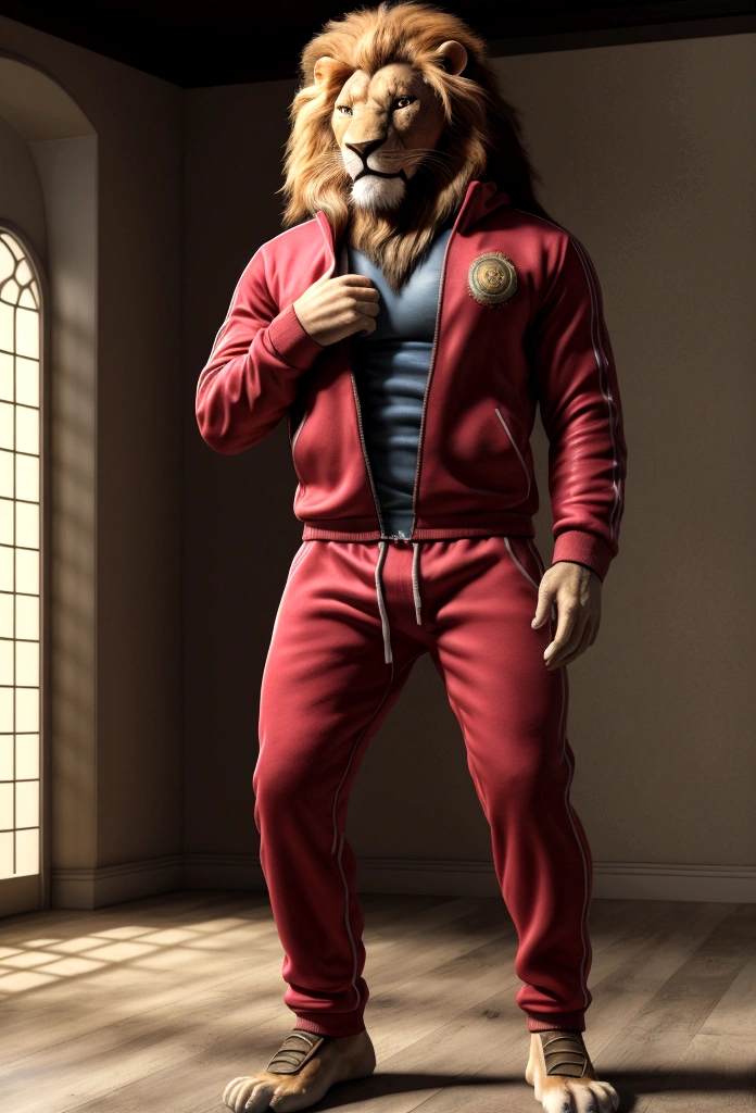 (Best quality,4K,8 k,A high resolution, masterpiece:1.2), Ultra detailed,(realistic, photorealistic, photo-realistic:1.37),a lion, male, long and light mane, Muscular body of an animal, Bodycon tracksuit, smiling, bright colors, full length, realistic стиль, with an emotional expression, open mouth , standing straight