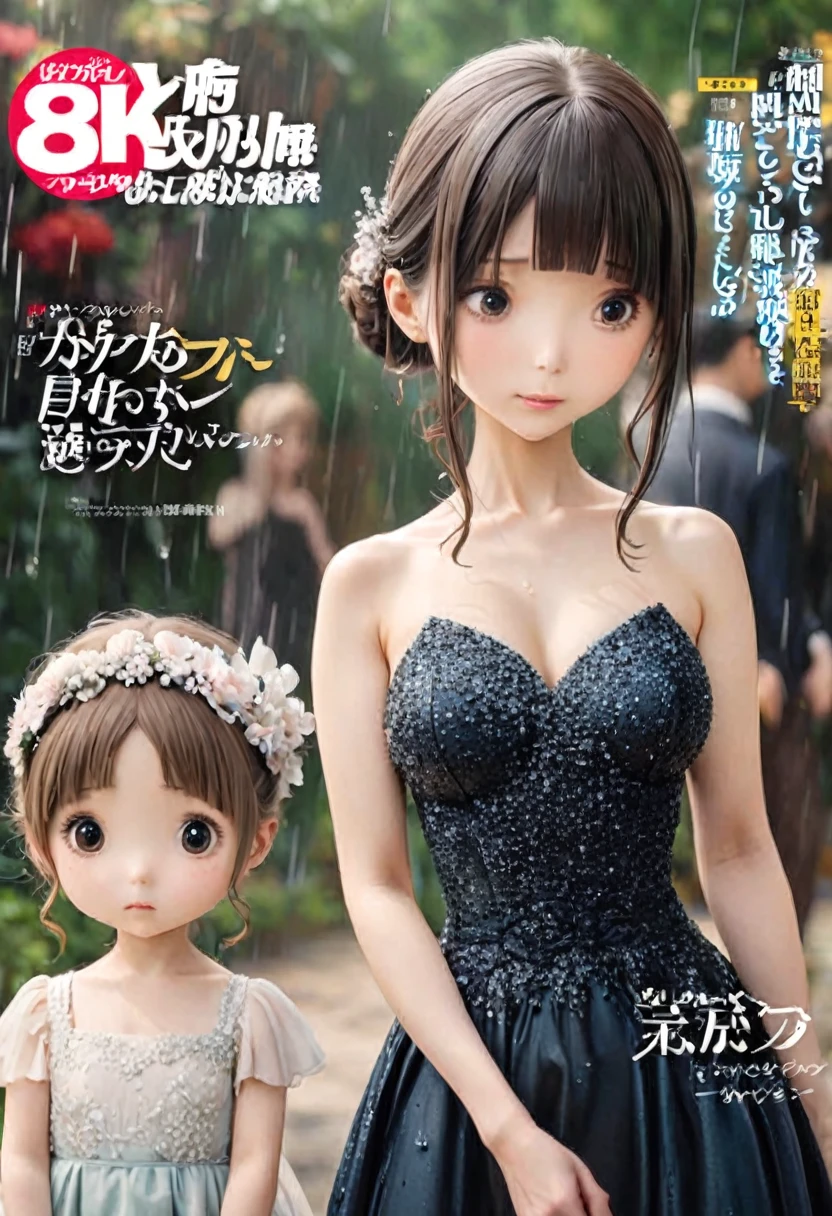 Magazine cover(masterpiece, best quality:1.2),Little Woman,shy(((The eyes are delicate)))((Black Diamond Evening Dress)),rain(8K)(HD)