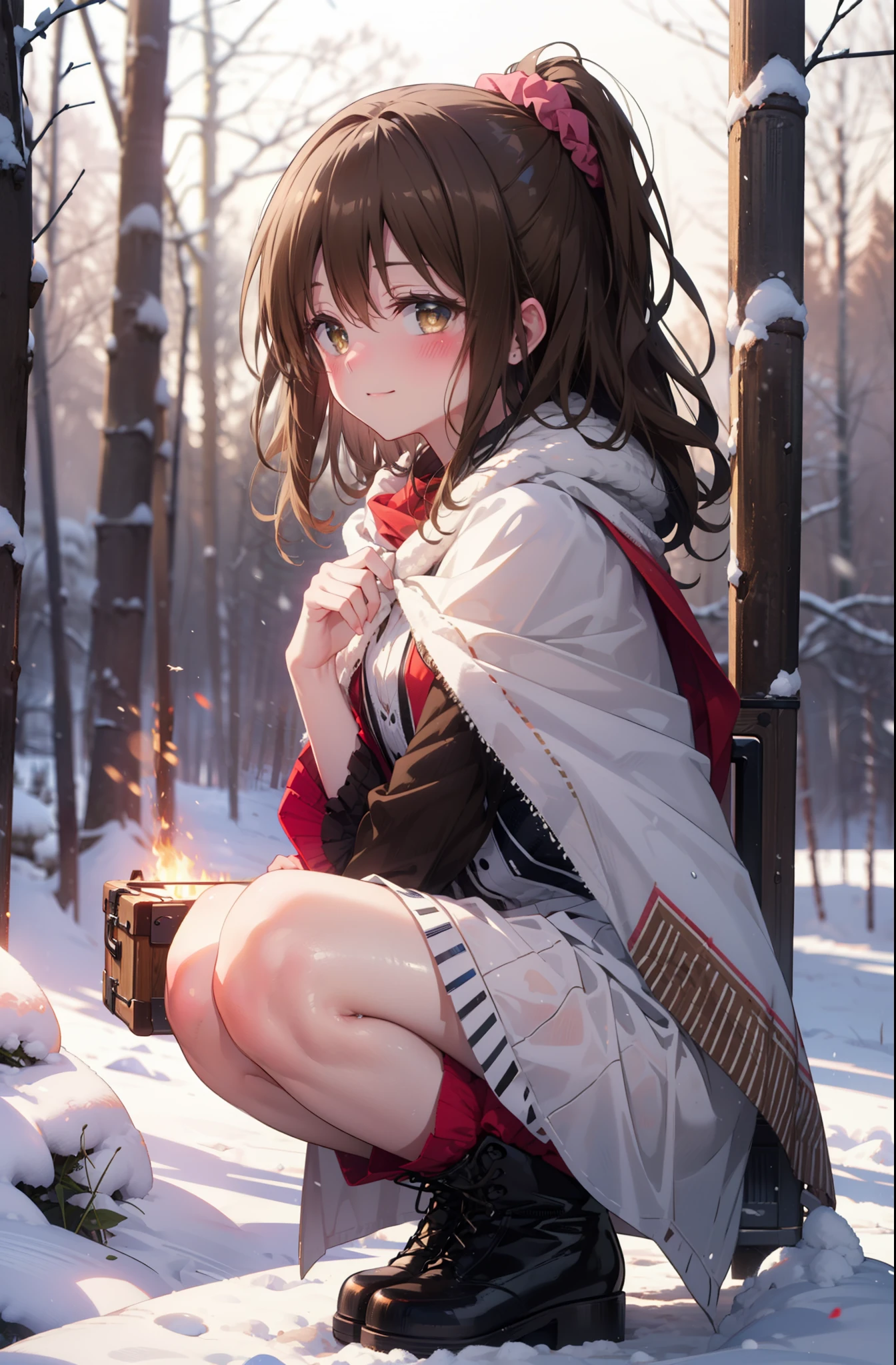 Follow Us, Yuki mandarin orange, (Brown eyes:1.5), Brown Hair, hair ornaments, hair Scrunchie, Long Hair, pink Scrunchie, Scrunchie, (Flat Chest:1.2),smile,,smile,blush,White Breath,
Open your mouth,snow,Ground bonfire, Outdoor, boots, snowing, From the side, wood, suitcase, Cape, Blurred, , forest, White handbag, nature, Squat, Mouth closed, Cape, winter, Written boundary depth, Black shoes, red Cape break looking at viewer, Upper Body, whole body, break Outdoor, forest, nature, break (masterpiece:1.2), Highest quality, High resolution, unity 8k wallpaper, (shape:0.8), (Beautiful and beautiful eyes:1.6), Highly detailed face, Perfect lighting, Extremely detailed CG, (Perfect hands, Perfect Anatomy),