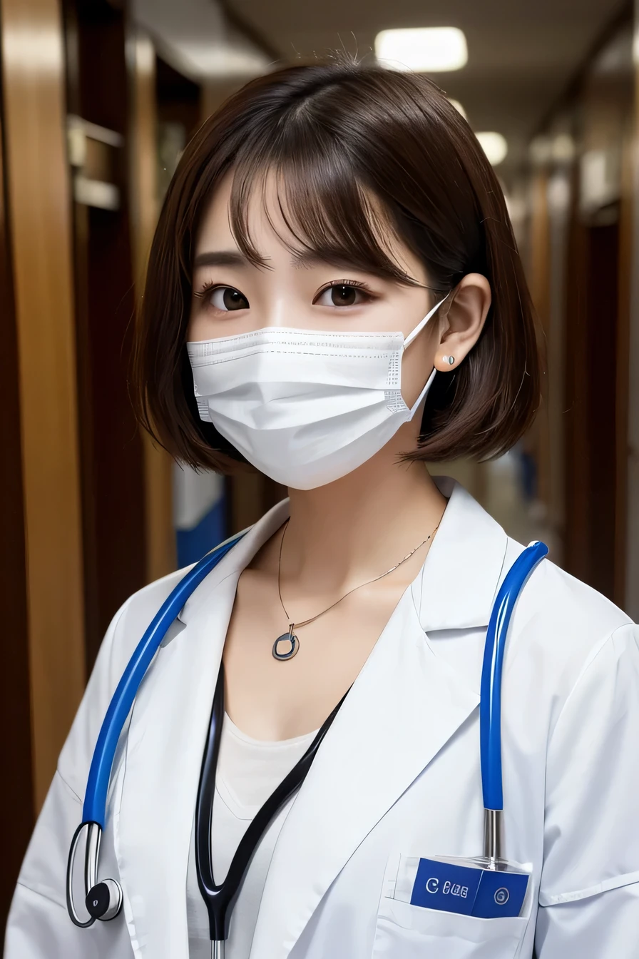 Beautiful young woman、 Korean women、Brown Hair、Necklace around the neck、White、Stethoscope、Mask on mouth、Short Haircut、Wavy Hair、Intricate details, Very detailed:1.2), 、 Looking into the camera,The background is the corridor of the hospital.、ear piercing
