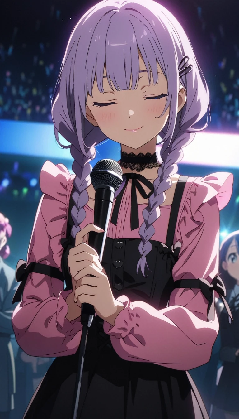 (Cute a girl:1.5), ((a girl with closs hair pin,pale purple hair,wavy two braids,bluntbangs hair,green and black eyes,
pink shirt,cosplay, jirai kei, bangs, black skirt, black bow, looking at viewer, bow, long sleeves, choker, ribbon,pink lips,Thick-soled boots,fullbody shot :1.4),boots focus,
(masterpiece:1.3), anime visual, small breast,slim,The girl holds the microphone in both hands,The girl looked down with her eyes closed,:1.4),(masterpiece:1.3), anime visual, (Lovey-dovey:1.5), (tilt head:1.3), extremely delicate face, soft clean focus, realistic lighting and shading, (an extremely delicate and beautiful art:1.3), elegant, small breast,slim,smiling,The dazzling lights of the concert venue, the countless purple glow sticks,