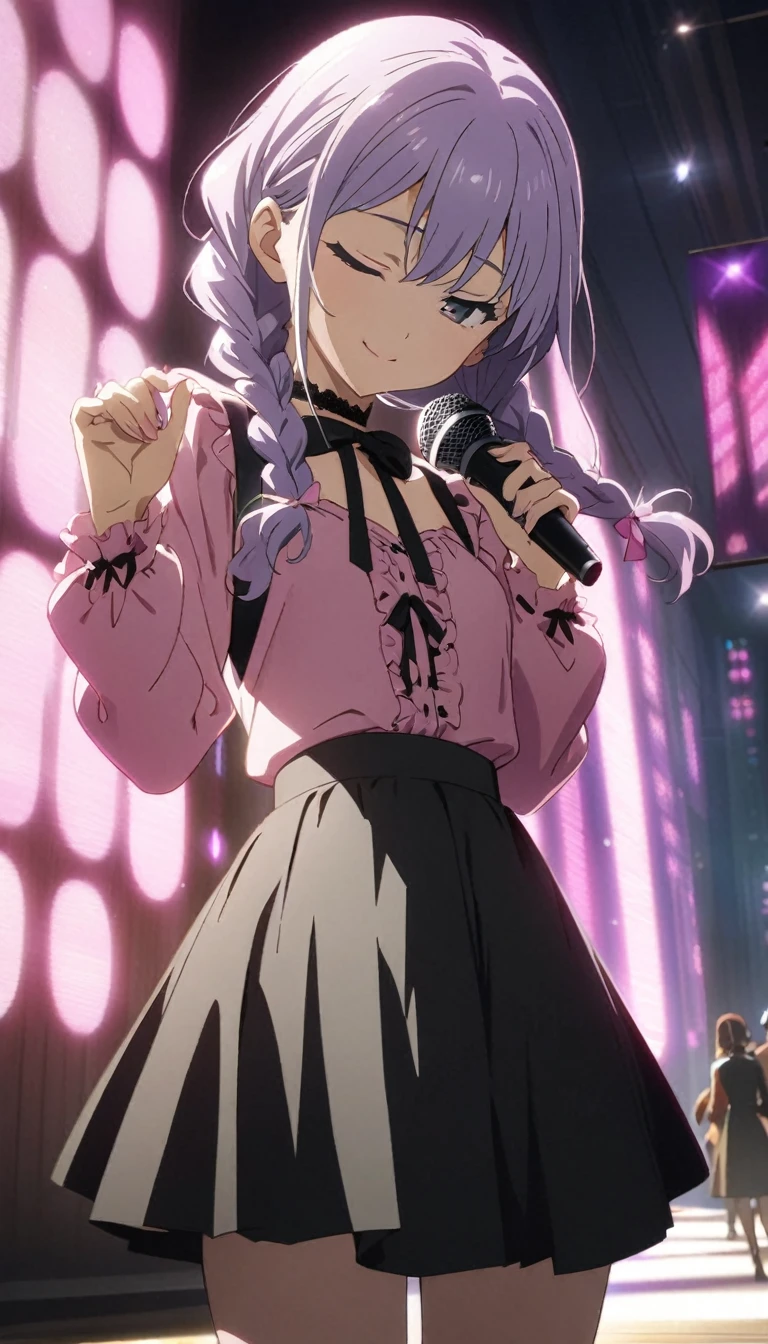 (Cute a girl:1.5), ((a girl with closs hair pin,pale purple hair,wavy two braids,bluntbangs hair,green and black eyes,
pink shirt,cosplay, jirai kei, bangs, black skirt, black bow, looking at viewer, bow, long sleeves, choker, ribbon,pink lips,Thick-soled boots,fullbody shot :1.4),boots focus,
(masterpiece:1.3), anime visual, small breast,slim,The girl holds the microphone in both hands,The girl looked down with her eyes closed,:1.4),(masterpiece:1.3), anime visual, (Lovey-dovey:1.5), (tilt head:1.3), extremely delicate face, soft clean focus, realistic lighting and shading, (an extremely delicate and beautiful art:1.3), elegant, small breast,slim,smiling,The dazzling lights of the concert venue, the countless purple glow sticks,