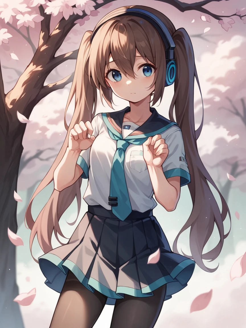 ,miku nakano, long hair, blue eyes, brown hair, hair between eyes,loly, masterpiece, sharp focus, best quality, cinematic lighting,blue eyes, hair between eyes,perfect face, legs thick, perfect body, blue headphones on the neck, white short-sleeved shirt, short school skirt, black pantyhose, shy pose, looking around, cherry blossom tree