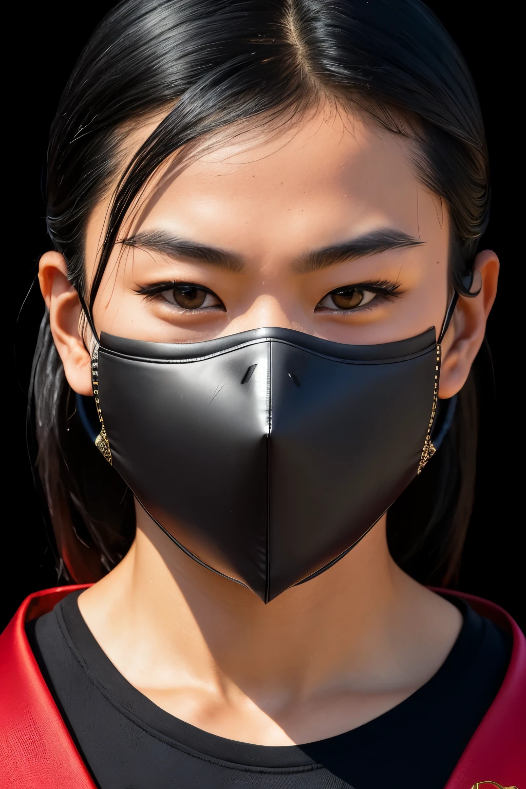 Photo of a 28-year-old Asian ninja, raw, Masters of the Shadows, (Extra long jet-black hair tied in a knot), ((Portrait)), ((Detailed face:1.2)), ((detailed facial features, finely detailed skin, a mask covering the bottom half of the face)),, wrapped in dark armor, Training environment, Standing in a dimly lit room, (cool color scheme), Shadows everywhere, Reflectors, (masterpiece, best quality) (Detailed) photographed in a Nikon D850, 50mm Lens, F/2.8, nffsw, 4K (Wallpaper) (Fil