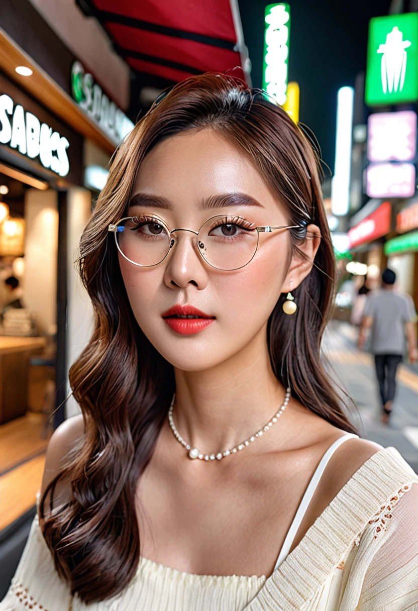(in 8K、Realistic photos, RAW shooting、Highest quality、Masterpiece:1.3)、30 years old, Japanese mixed with Korean, 1 woman、detailed face、Detailed eyes、Fine mouth、realistic skin, Beautiful details, Smooth white skin, More Korean than Thai, perfect proportions, transparent glasses, In front of Starbucks store、Eat a big scoop of ice cream