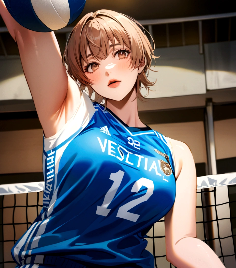 There is a woman holding a volleyball ball in her hands, Wearing a volleyball jersey, erika ikuta, mayuri shiina, Chiho ashima, Chiho, Hole in the Motto, Marine Kitagawa,