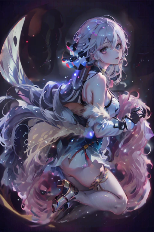 (masterpiece, Highest quality, Highest quality, Official Art, beautifully、aesthetic:1.2), (One girl), Very detailed, (Fractal Art:1.3), colorful, Most detailed, Perfect Face, Upper Body, High resolution, (Open your arms:1.3), (White cloak Golden Line:1.2), Milky Way, (Streaks of Light), Impressive visuals, (Dynamic stripes, Light trail:1.2), Vibrant colors, Cat ear、Wearing a black tank top、Belly button showing、Wearing an oversized hoodie、Dog's tail、A hoodie big enough to cover your butt