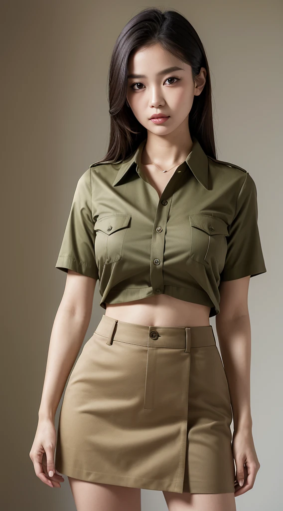 Highest quality, Masterpiece, 8K, ultra high definition, (realistic: 1.4), 1 woman, Beautiful face, symmetrical eyes, big, perfect body proportions, หน้าอกขนาดbig, Nipples visible, visible crack, The shirt reveals the chest., Thai teacher uniform, khaki shirt, The skirt is very short., khaki micro skirt, Viewer's appearance, (Inside the classroom: 1.2), front view, shoulder jump, absolute space (1.3),