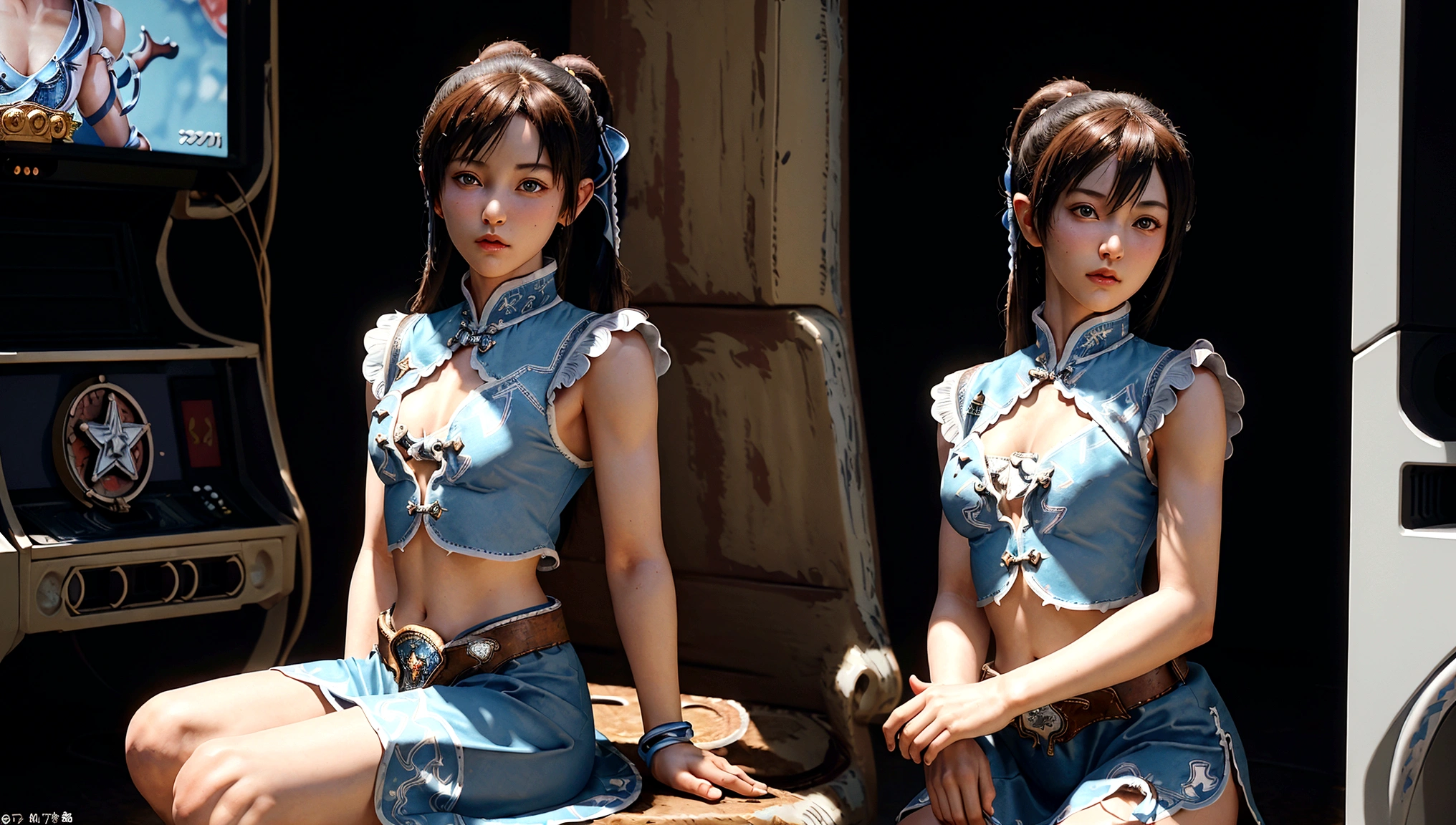 (ultra high quality), detailed face, high resolution, ((masterpiece)), ((best quality)), ((ultra detailed)), delicate, (ultra realistic), ((extremely detailed)), depth of field , ((cowboy photo: 1.4)), ((2girl)), group, sitting on the floor, ((varied poses)), elementary school girl, loly, short stature, , ((no bra)), small build, facing viewer, ((intricate arcade machines)), a row of arcade style machines sitting in a row in a video game room, game controller, game console, controller, television, short sleeve, sleeveless clothing, ( (white waistband)), ((Chun Li))), bows, covered bows, Chinese dress, qipao, blue suit, spiked bracelets, puffed sleeves, brown pantyhose, white boots, flat chest, flat stomach, tiny body, height small
