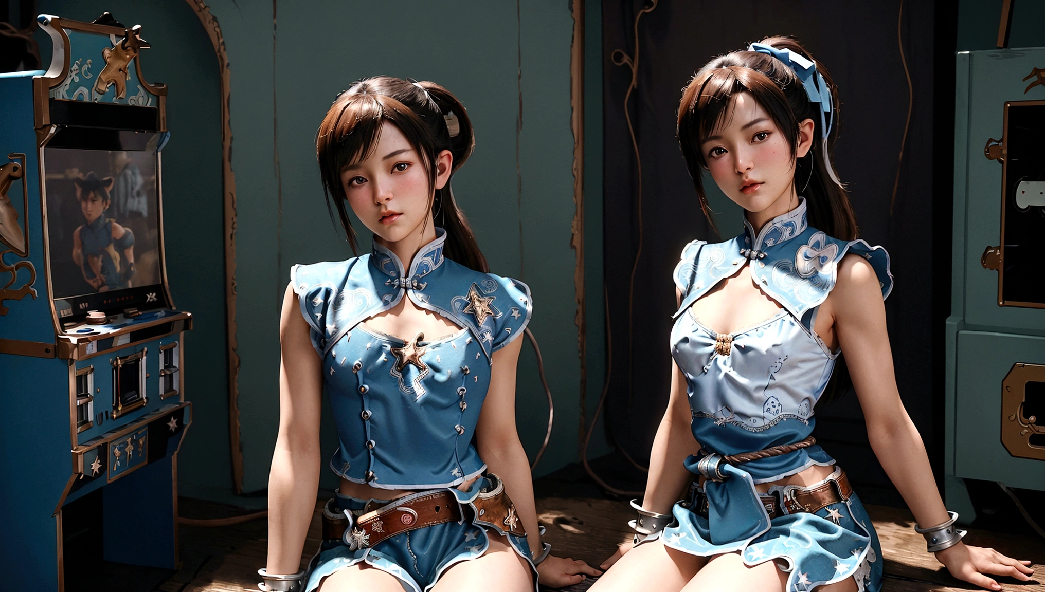 (ultra high quality), detailed face, high resolution, ((masterpiece)), ((best quality)), ((ultra detailed)), delicate, (ultra realistic), ((extremely detailed)), depth of field , ((cowboy shot: 1.4)), ((2girl)), group, sitting on the floor, ((varied poses)), elementary girl, loly, short stature, small breazt, ((without bra)), small build, varied poses, looking at the viewer, ((intricate arcade machines)),A row of arcade style machines sitting in a row in a video game room, game controller, game console, controller, television, short sleeve, sleeveless clothing, ((white waistband)),((Chun Li))), SF2CL, bows, covered bows, Chinese dress, qipao, blue suit, spiked bracelets, puff sleeves, brown pantyhose, white belt, white boots,flat chested, flat stomach, tiny body, small stature