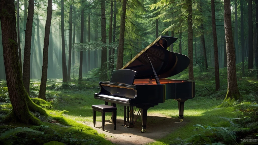 Gorgeous and fantastic piano portrait in fantasy forest, Printing possible, 8K