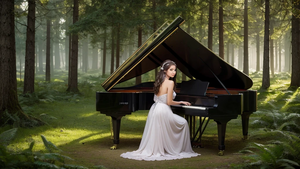 Gorgeous and fantastic piano portrait in fantasy forest, Printing possible, 8K