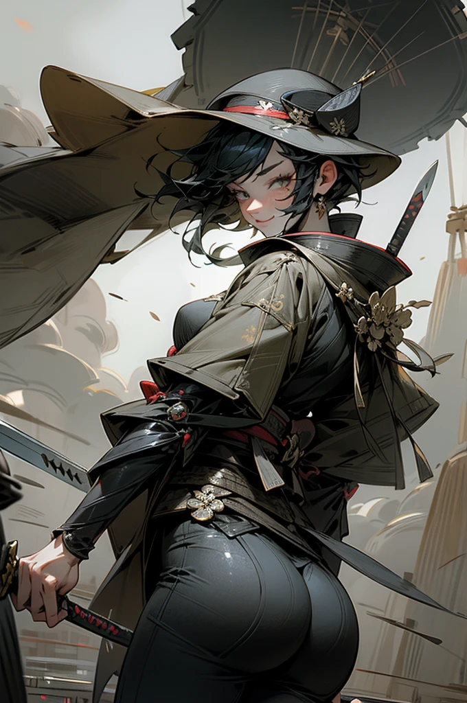 masterpiece,best quality,super fine illustration,super detailed,beautiful background,perfect face,perfect hands,dynamic angle,Ink painting style,ass pov,dynamic scene,kimono,knife,Short Hair,rain,battlefield,beautiful background,Fearless smile,Iai Slash,Sedge hat,