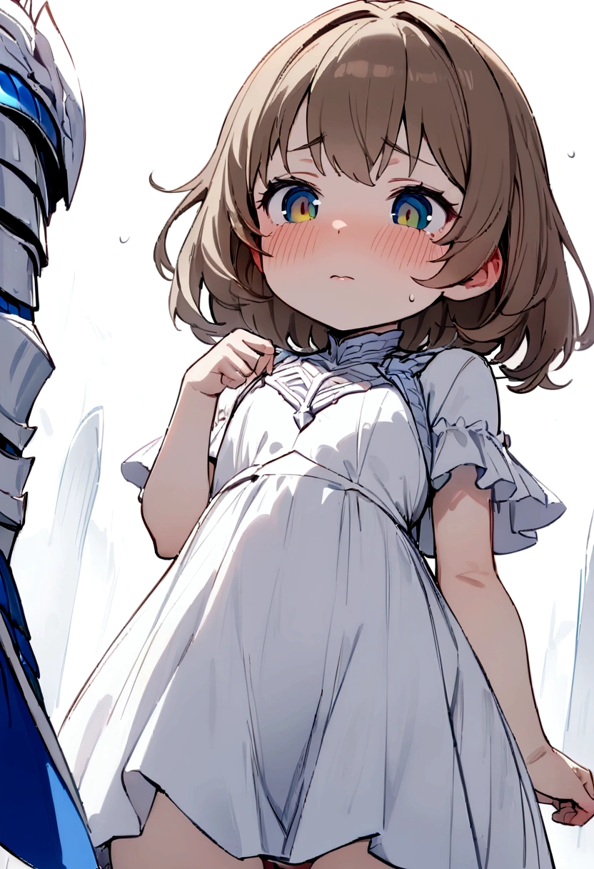 ((Masterpiece)), (((best quality))), hips wide open, ((blue colour eyes)), (((long brown hair))), ((shot White dress)), ((little girl)), (Annoyed face), (cute), ((blue silk robe))
