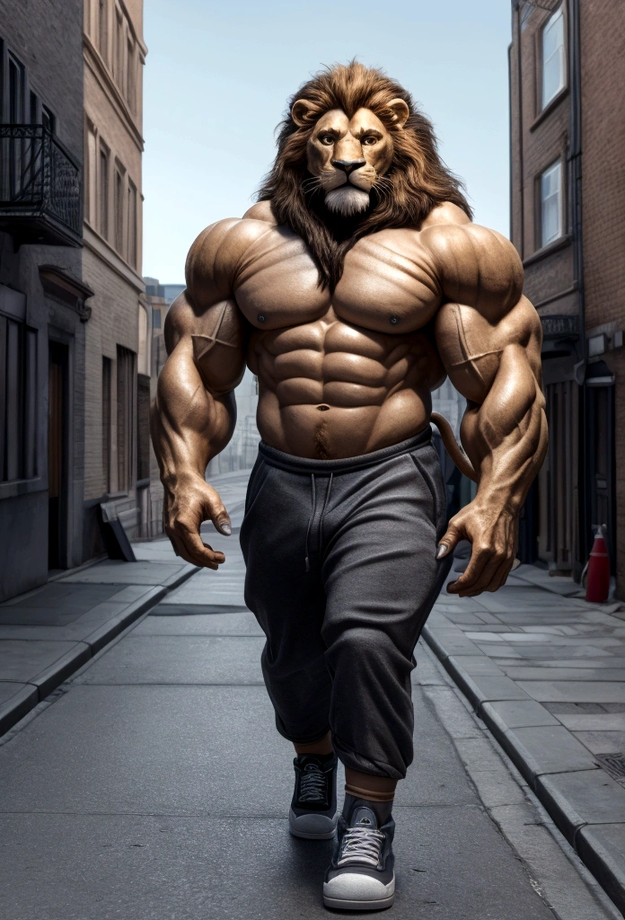 ((Raw photo)), ((First job)), Anthropomorphic humanoid lion in street clothes, walking among people, complex part, intricate details of Grebles, The city behind, sneakers, muscular body, muscular arms, small head, monstrous ogre, titanium, soft lighting, hyperrealistic