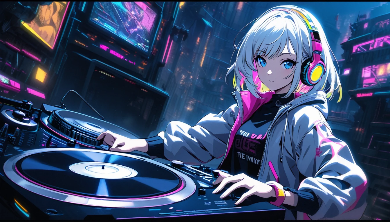 Handsome beautiful cute, Solitary, 1 female, Medium Length Hair, white hair, Rainbow hair, blue Eyes, Rainbow headphone, hip-hop stile, Futuristic, Cyberpunk, Cybernetics panoramic, in the night, Dj, turn the turntable,