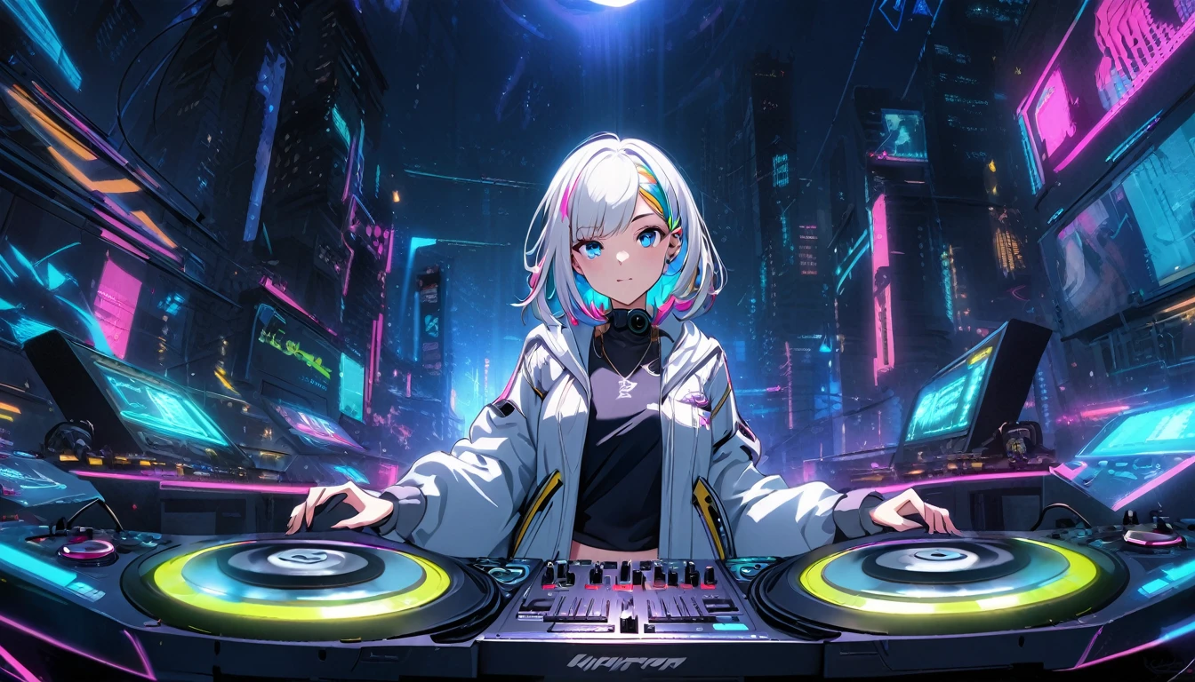 Handsome beautiful cute, Solitary, 1 female, Medium Length Hair, white hair, Rainbow hair, blue Eyes, Rainbow headphone, hip-hop stile, Futuristic, Cyberpunk, Cybernetics panoramic, in the night, Dj, turn the turntable,