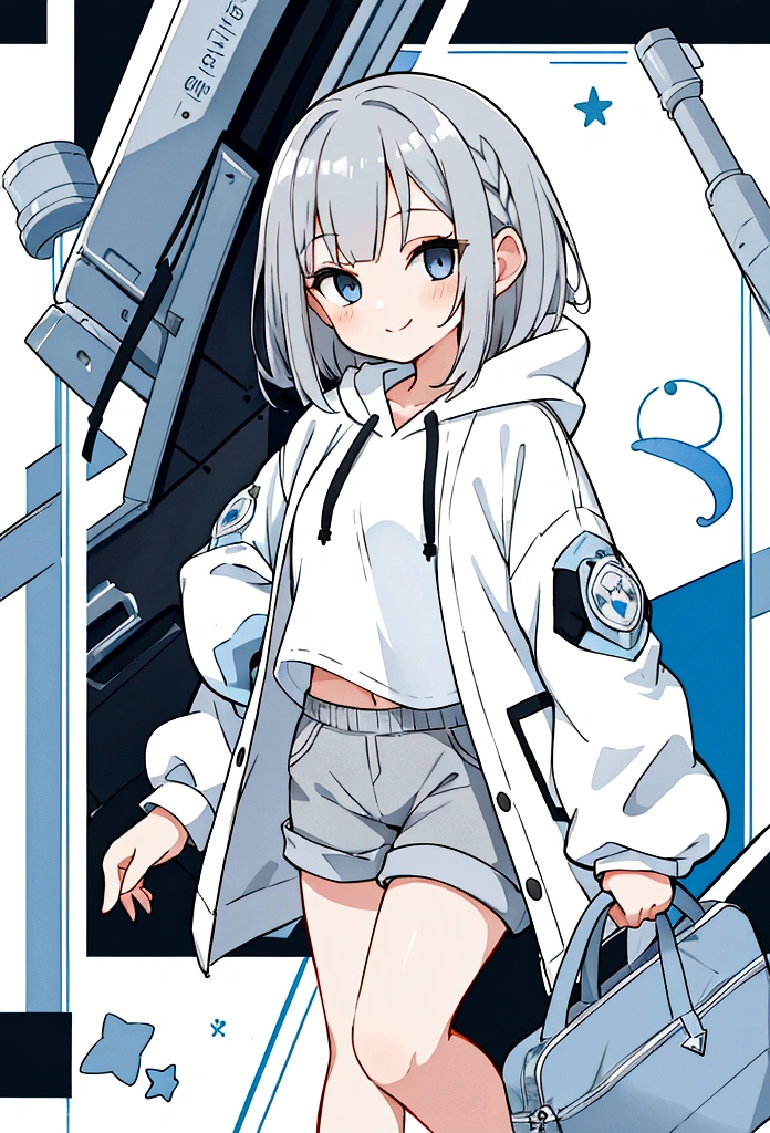 Girl,Silver Bob,blue eyes,birthday,whole body,White hoodie,Grey shorts,smile,older sister,Long black hair brown eyes,uniform,Paired Drawings