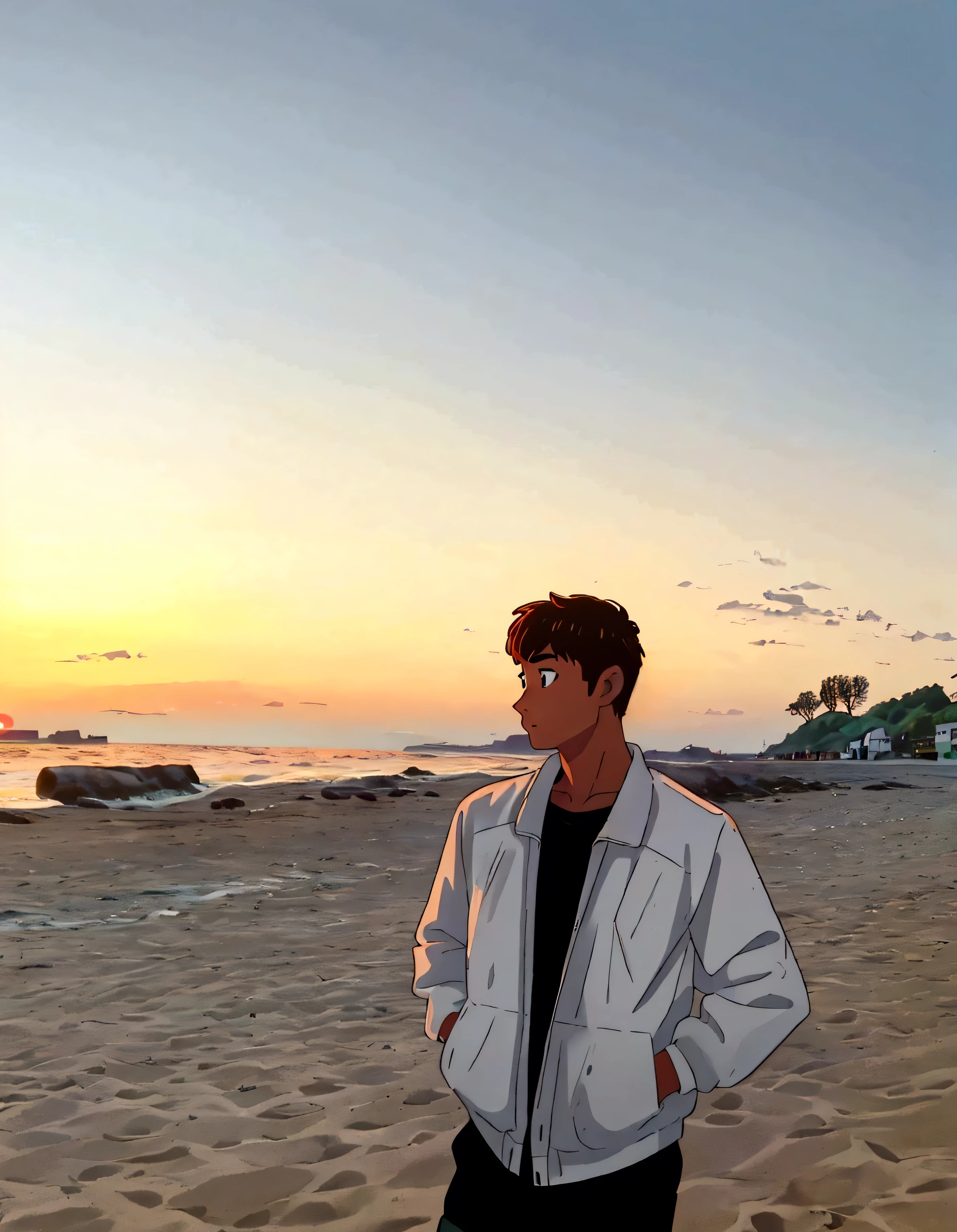 arafed man standing on a beach with a sunset in the background, with sunset, with a sunset, at beach at sunset, at a beautiful sunset, on the beach during sunset, during sunset, during golden hour, in the sunset, standing at the beach, at the beach on a sunset, sunset in background, standing on the beach at sunset