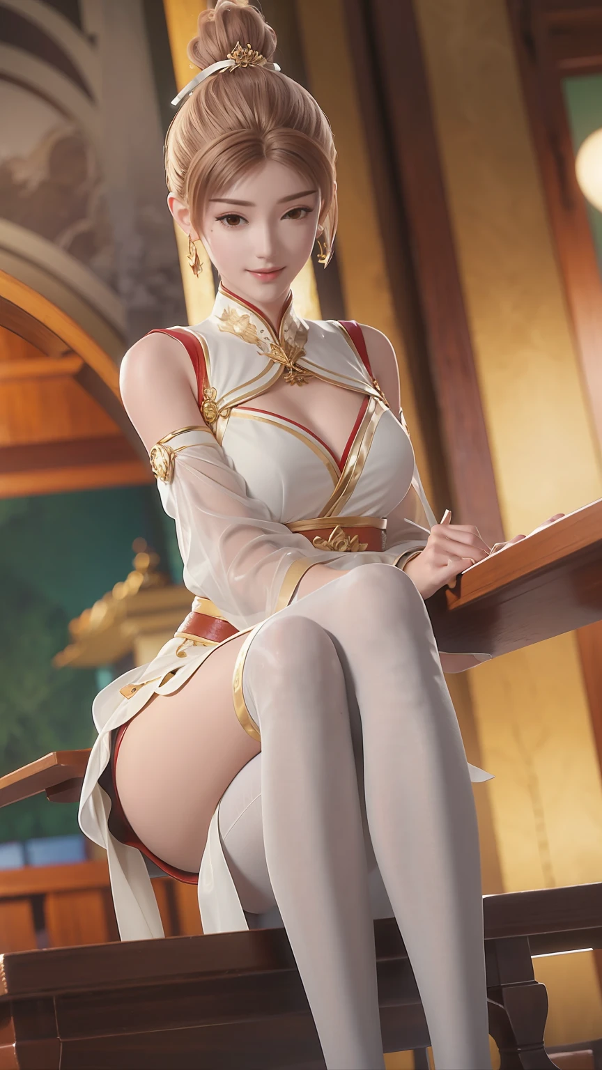 ((Shot in the knee)), ((From below)),A young girl, Wearing a skirt,At the bar, sit on the chair, Cross your legs, Posing elegantly, Detailed scenario, Messy long hair, Brown hair, Light makeup, Blush Blush, Beautiful slender legs, (Very high color saturation), details, Ultra Detailed, (masterpiece, Best quality), (Extremely exquisite and beautiful work), Delicate earrings, Exquisite necklace, Simple blur background, Extremely detailed description, Super Fine, Delicate face, slim body, Thin waist, (Grin), (Anatomically correct),whole body,barefoot