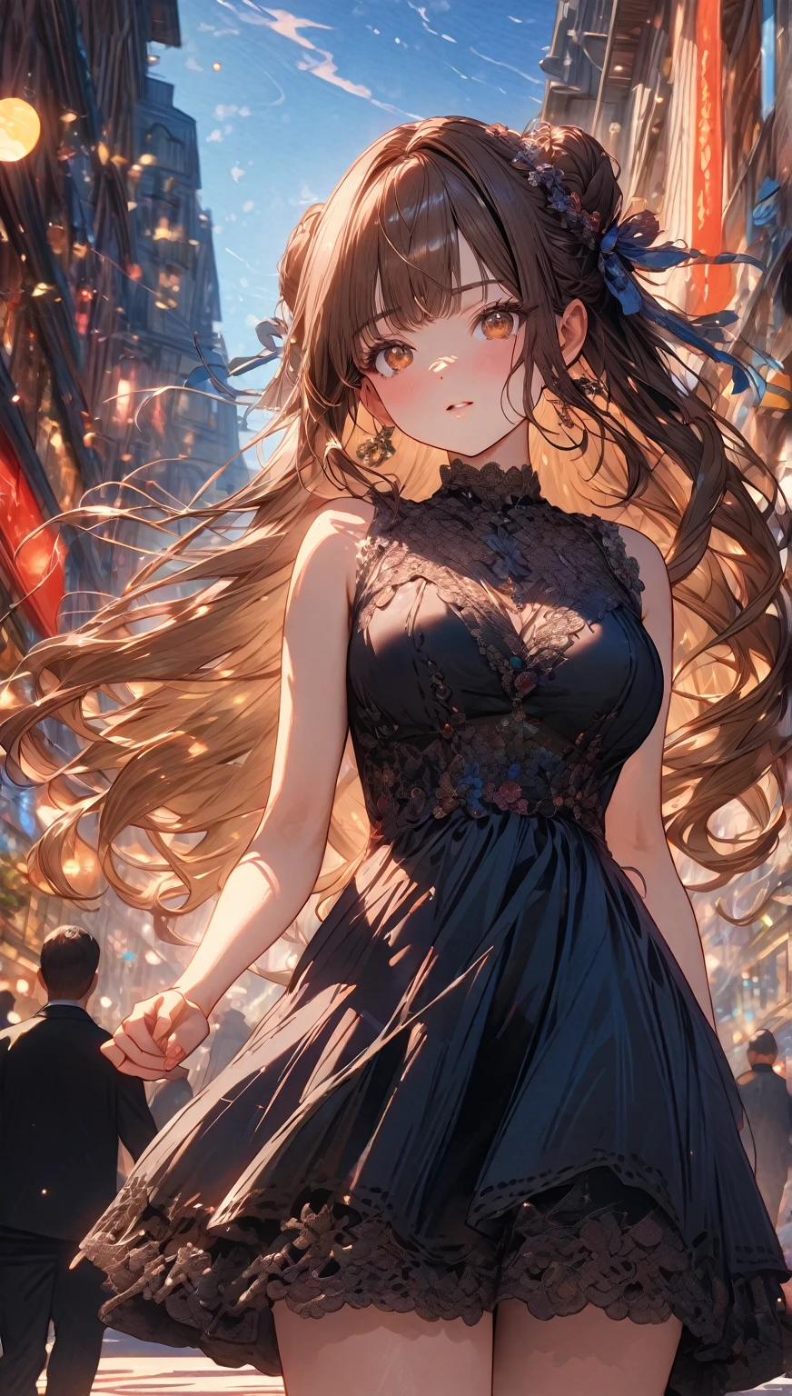 ((masterpiece:0), best quality, very aesthetic, newest, absurdres, detailed, high quality)
BREAK
highest quality, top quality, details, highres, ultra fine painting, digital art, official art, cinematic, 4k, 8k resolution, 8K CG wallpaper, CG, original artwork, detailed background, colorful background, blue atmosphere, High Dynamic Range, blurry background, blue hour, Starburst effects, crepuscular rays, good ISO, high resolution, wide shot, from far away, RAW photo, POV, sharp focus, light reflection, reflections, intricate details, soft light, particle noise, professional photography, bokeh, depth of field, natural lighting, vibrant colors, looking away, detailed lights and shadows, stylish, ultra-detailed, top rated on Pixiv, trending on Artstation, niji style, modern-days, master crafted, pose
BREAK
solo, 1girl, a girl, correct fingers, detailed skin, (medium big breasts:1.2), big thighs, short torso, short body, flushtered, anxious expression, casual, slim, ((cute, childlike face):1.3), nice hips, nice body, brown hair, (long flowing hair:1.1), big 2 buns hairstyle, long bangs, long hair, middle hair bangs, brown eyes
BREAK
(black knee-length dress with a pretty lace design) 
BREAK
a close up of a person walking down a street with a crowd of people, crowded street, crowded streets, in front of a large crowd, giant crowd, girl walking through city, people walking down a street