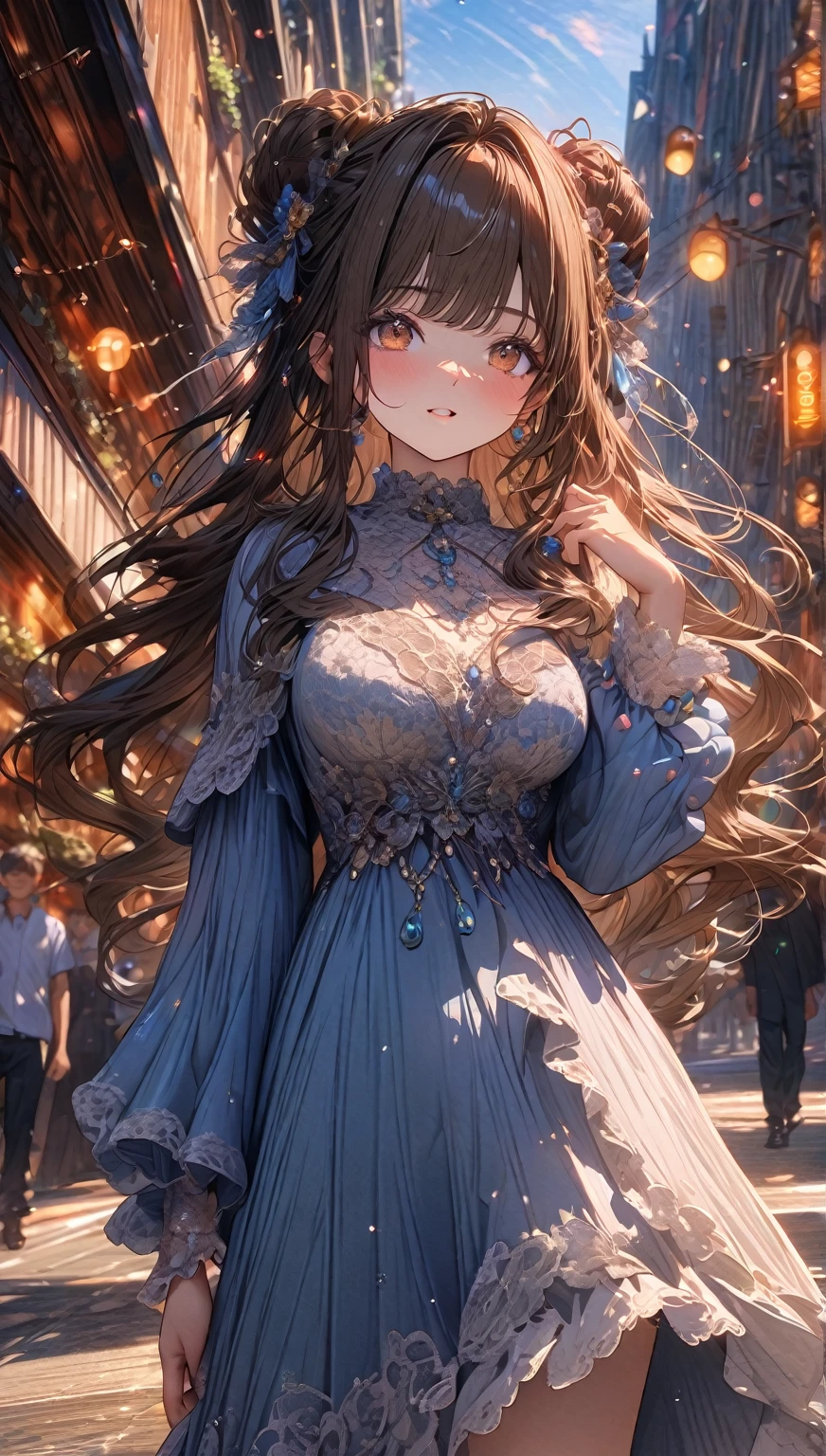 ((masterpiece:0), best quality, very aesthetic, newest, absurdres, detailed, high quality)
BREAK
highest quality, top quality, details, highres, ultra fine painting, digital art, official art, cinematic, 4k, 8k resolution, 8K CG wallpaper, CG, original artwork, detailed background, colorful background, blue atmosphere, High Dynamic Range, blurry background, blue hour, Starburst effects, crepuscular rays, good ISO, high resolution, wide shot, from far away, RAW photo, POV, sharp focus, light reflection, reflections, intricate details, soft light, particle noise, professional photography, bokeh, depth of field, natural lighting, vibrant colors, looking away, detailed lights and shadows, stylish, ultra-detailed, top rated on Pixiv, trending on Artstation, niji style, modern-days, master crafted, pose
BREAK
solo, 1girl, a girl, correct fingers, detailed skin, (medium big breasts:1.2), big thighs, short torso, short body, flushtered, anxious expression, casual, slim, ((cute, childlike face):1.3), nice hips, nice body, brown hair, (long flowing hair:1.1), big 2 buns hairstyle, long bangs, long hair, middle hair bangs, brown eyes
BREAK
(black knee-length dress with a pretty lace design)
BREAK
a close up of a person walking down a street with a crowd of people, crowded street, crowded streets, in front of a large crowd, giant crowd, girl walking through city, people walking down a street