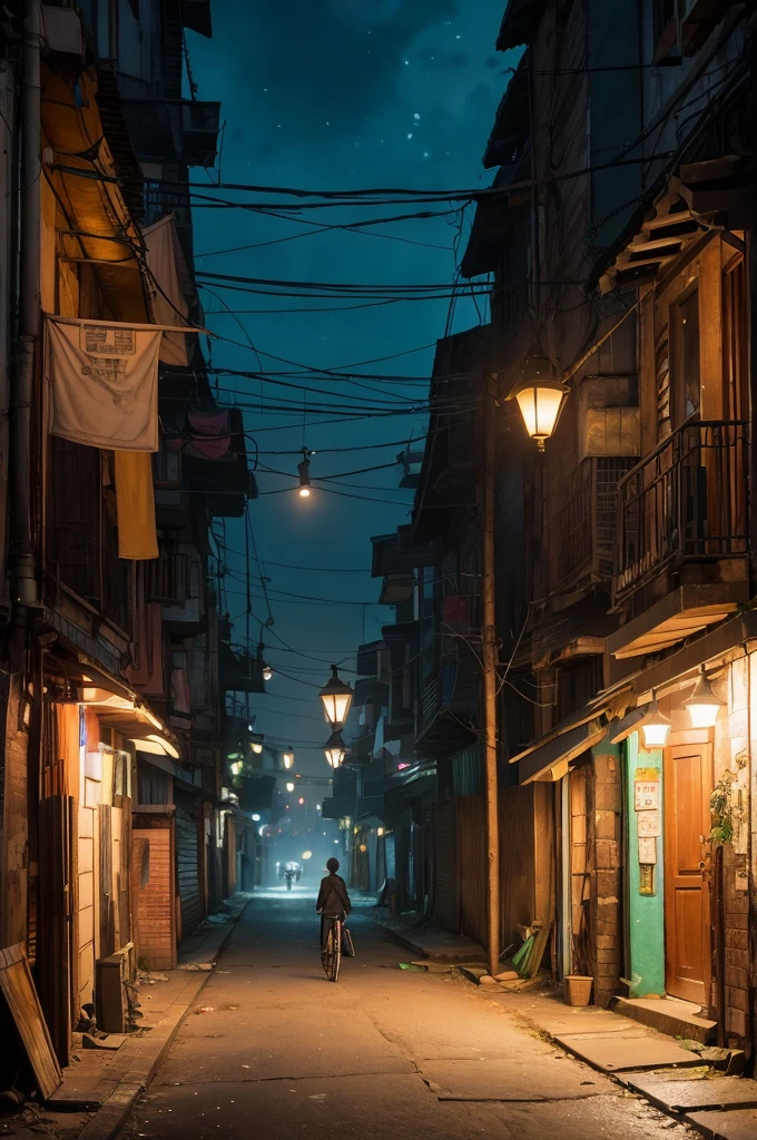 A night scene in a slum, illuminated by streetlights. The streets are empty, with no one around. The environment is captured in hyper-realistic detail, similar to high-definition movie quality. The scene is rendered with the depth of field blur, ray tracing, and features a watercolor painting style. The artistic influences include ArtStation, Pixiv, gwise, Makoto Shinkai, and Artgerm.