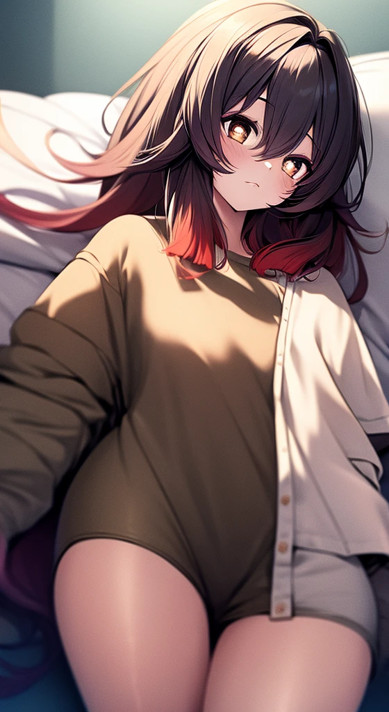 masterpiece, best quality, Delicate face, Heterochromia of the Eyes,Perfect hands, flat chest, HD, best quality, (Looking at the audience, Sleepy), ((1 Girl)),Cowboy shooting,thigh, Forrina,short hair,((Gradient hair)),Colorful eyes, Gradient eyes, (Fashion Makeup), blush, Messy hair, White shirt, Off-shoulder, Nude shirt, No pants, lie, bare arm, shorts, Bare legs, bedroom