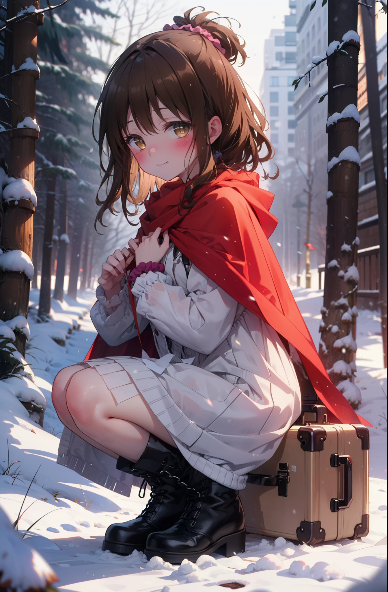 Follow Us, Yuki mandarin orange, (Brown eyes:1.5), Brown Hair, hair ornaments, hair Scrunchie, Long Hair, pink Scrunchie, Scrunchie, (Flat Chest:1.2),smile,,smile,blush,White Breath,
Open your mouth,snow,Ground bonfire, Outdoor, boots, snowing, From the side, wood, suitcase, Cape, Blurred, , forest, White handbag, nature, Squat, Mouth closed, Cape, winter, Written boundary depth, Black shoes, red Cape break looking at viewer, Upper Body, whole body, break Outdoor, forest, nature, break (masterpiece:1.2), Highest quality, High resolution, unity 8k wallpaper, (shape:0.8), (Beautiful and beautiful eyes:1.6), Highly detailed face, Perfect lighting, Extremely detailed CG, (Perfect hands, Perfect Anatomy),