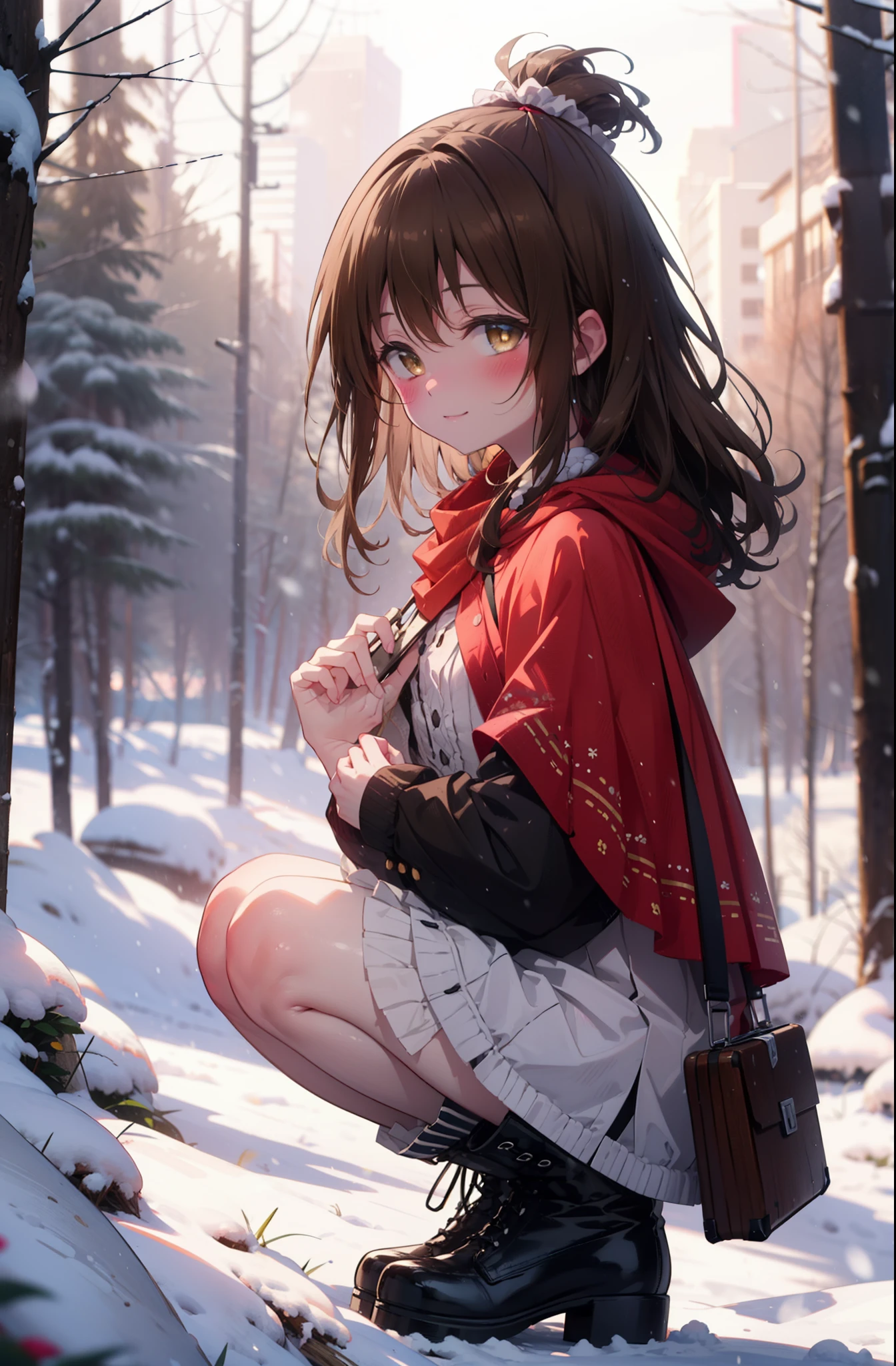 Follow Us, Yuki mandarin orange, (Brown eyes:1.5), Brown Hair, hair ornaments, hair Scrunchie, Long Hair, pink Scrunchie, Scrunchie, (Flat Chest:1.2),smile,,smile,blush,White Breath,
Open your mouth,snow,Ground bonfire, Outdoor, boots, snowing, From the side, wood, suitcase, Cape, Blurred, , forest, White handbag, nature,  Squat, Mouth closed, Cape, winter, Written boundary depth, Black shoes, red Cape break looking at viewer, Upper Body, whole body, break Outdoor, forest, nature, break (masterpiece:1.2), Highest quality, High resolution, unity 8k wallpaper, (shape:0.8), (Beautiful and beautiful eyes:1.6), Highly detailed face, Perfect lighting, Extremely detailed CG, (Perfect hands, Perfect Anatomy),