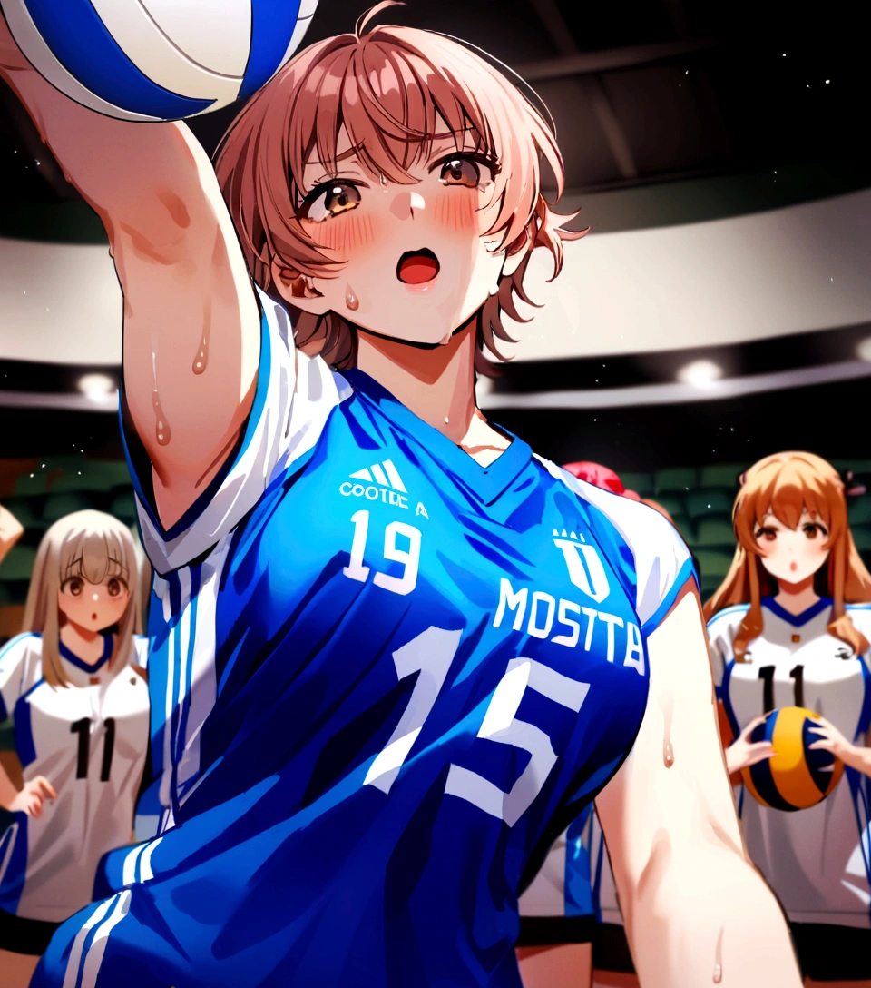 There is a woman holding a volleyball ball in her hands, Wearing a volleyball jersey, erika ikuta, mayuri shiina, Chiho ashima, Chiho, Hole in the Motto, Marine Kitagawa,cute,Sweat