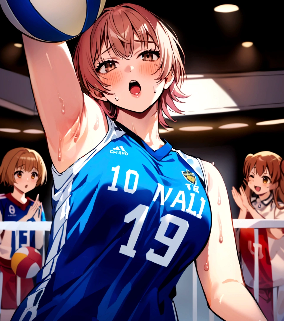 There is a woman holding a volleyball ball in her hands, Wearing a volleyball jersey, erika ikuta, mayuri shiina, Chiho ashima, Chiho, Hole in the Motto, Marine Kitagawa,cute,Sweat