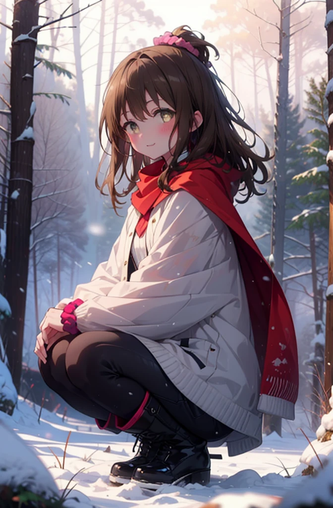 Follow Us, Yuki mandarin orange, (Brown eyes:1.5), Brown Hair, hair ornaments, hair Scrunchie, Long Hair, pink Scrunchie, Scrunchie, (Flat Chest:1.2),smile,,smile,blush,White Breath,
Open your mouth,snow,Ground bonfire, Outdoor, boots, snowing, From the side, wood, suitcase, Cape, Blurred, , forest, White handbag, nature, Squat, Mouth closed, Cape, winter, Written boundary depth, Black shoes, red Cape break looking at viewer, Upper Body, whole body, break Outdoor, forest, nature, break (masterpiece:1.2), Highest quality, High resolution, unity 8k wallpaper, (shape:0.8), (Beautiful and beautiful eyes:1.6), Highly detailed face, Perfect lighting, Extremely detailed CG, (Perfect hands, Perfect Anatomy),