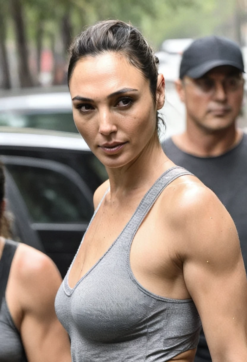 high quality Erotic paparazzi photograph (GalGadot , housewife , mother, ) random erotic photograph , she is wearing a sweaty, tight tshirt , random move ,seductive, tired woman , fit muscular woman (, depth of field, insanely detailed skin texture, extremely detailed face, hyper detailed features )