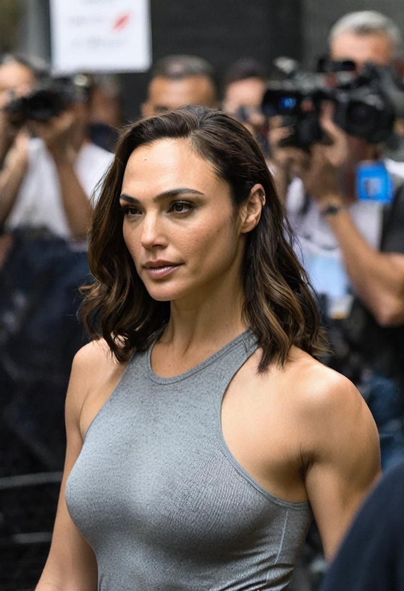 high quality Erotic paparazzi photograph (GalGadot , housewife , mother, ) random erotic photograph , she is wearing a sweaty, tight tshirt , random move ,seductive, tired woman , fit muscular woman (, depth of field, insanely detailed skin texture, extremely detailed face, hyper detailed features )